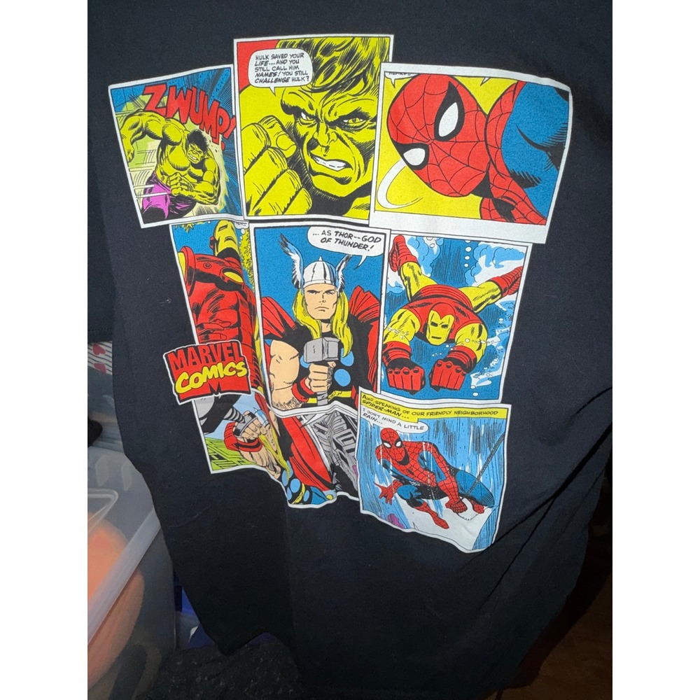Marvel Comics Graphic Tee Mens Large Black Avengers Comic Panel Print Excellent
